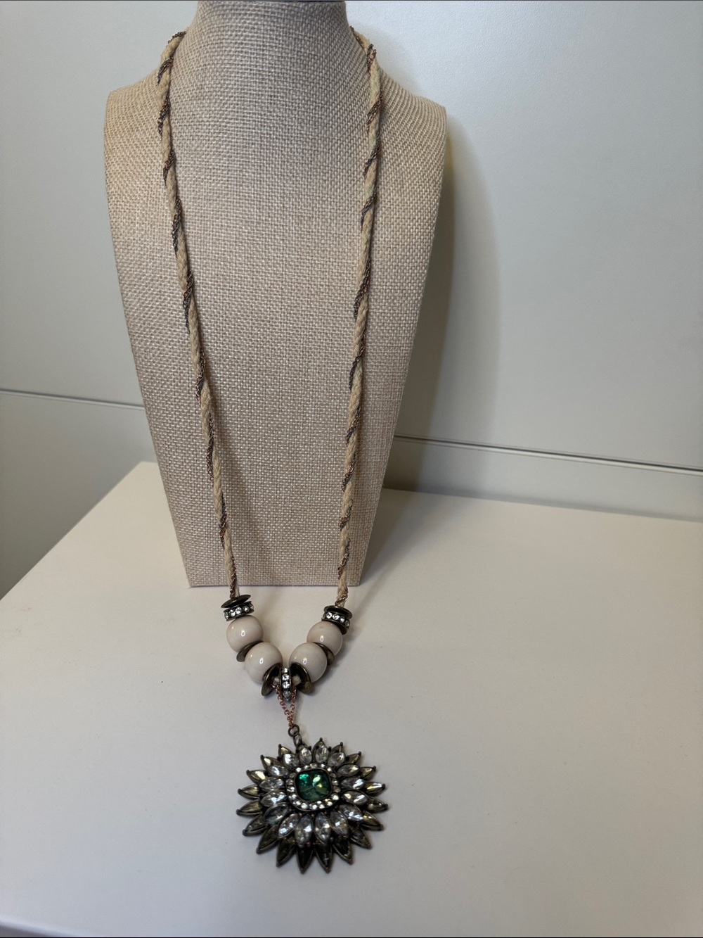 Beaded Sunburst Pendant Necklace in Cream and Green